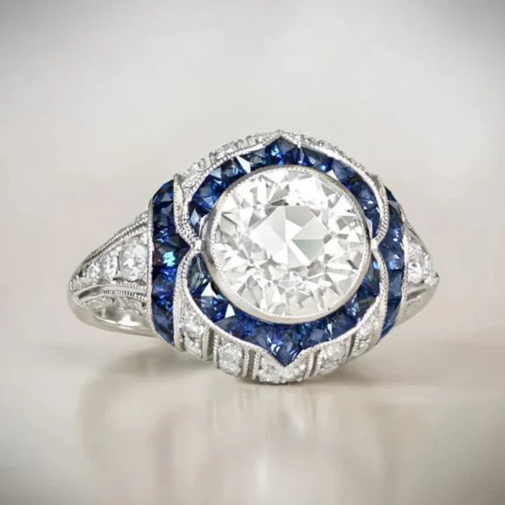 Rounded White & Blue Crystal Silver Ring