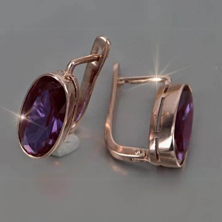Rounded Purple Glass Gold Earrings
