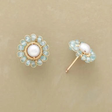 Vintage Blue Crystal Flower Pearl Earrings