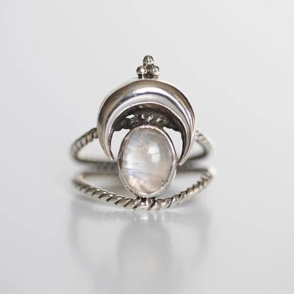 Oval Rainbow Moonstone Moon Phase Ring