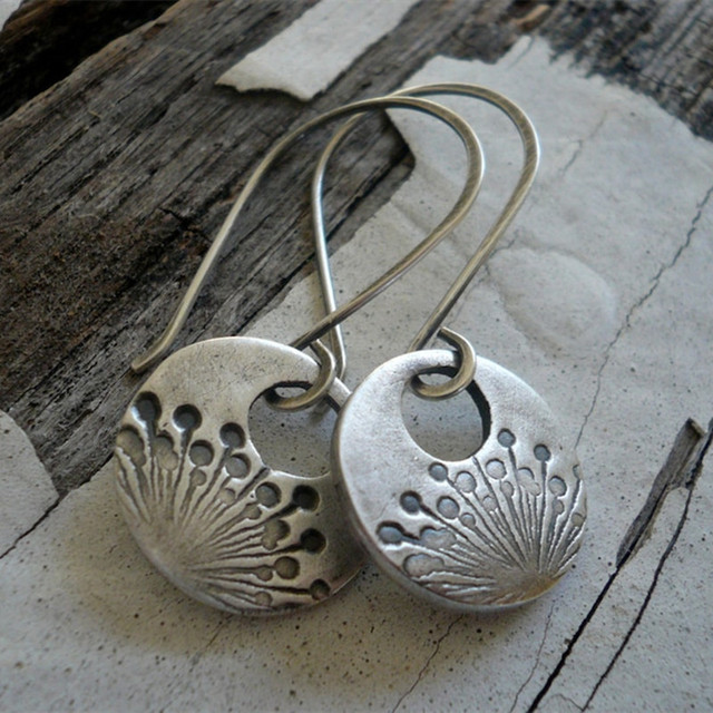 Vintage Rounded Dandelion Silver Earrings