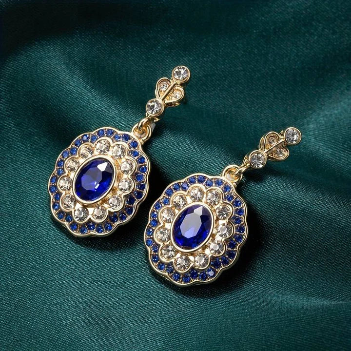 Blue Crystal Mandala Earrings on Vintage Gold