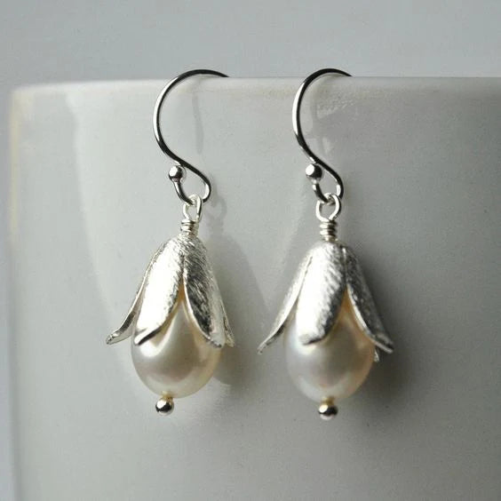 Vintage Lotus Silver Pearl Earrings